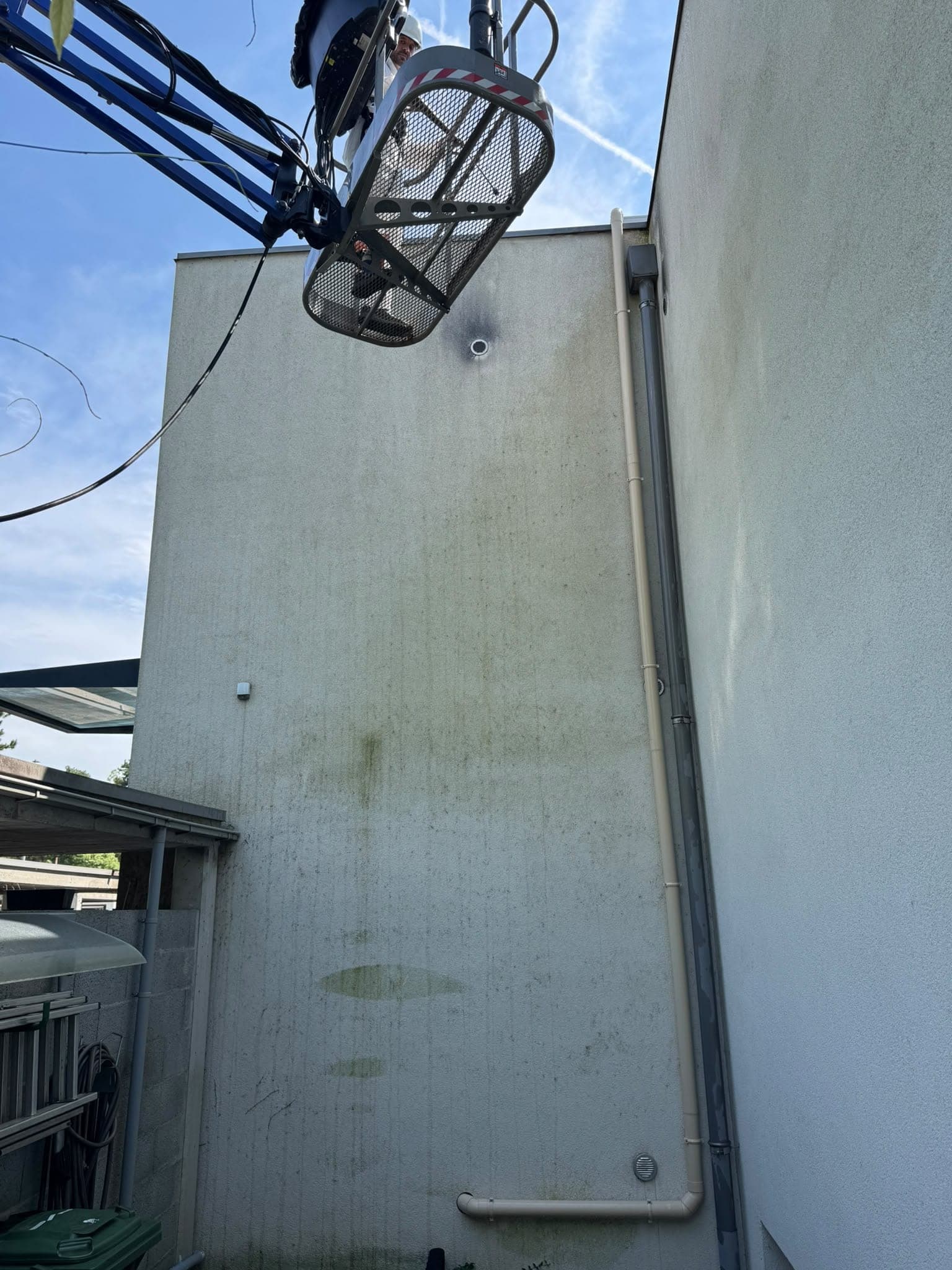 Mur de façade beige couvert de coulures vertes et de mousses, avant traitement