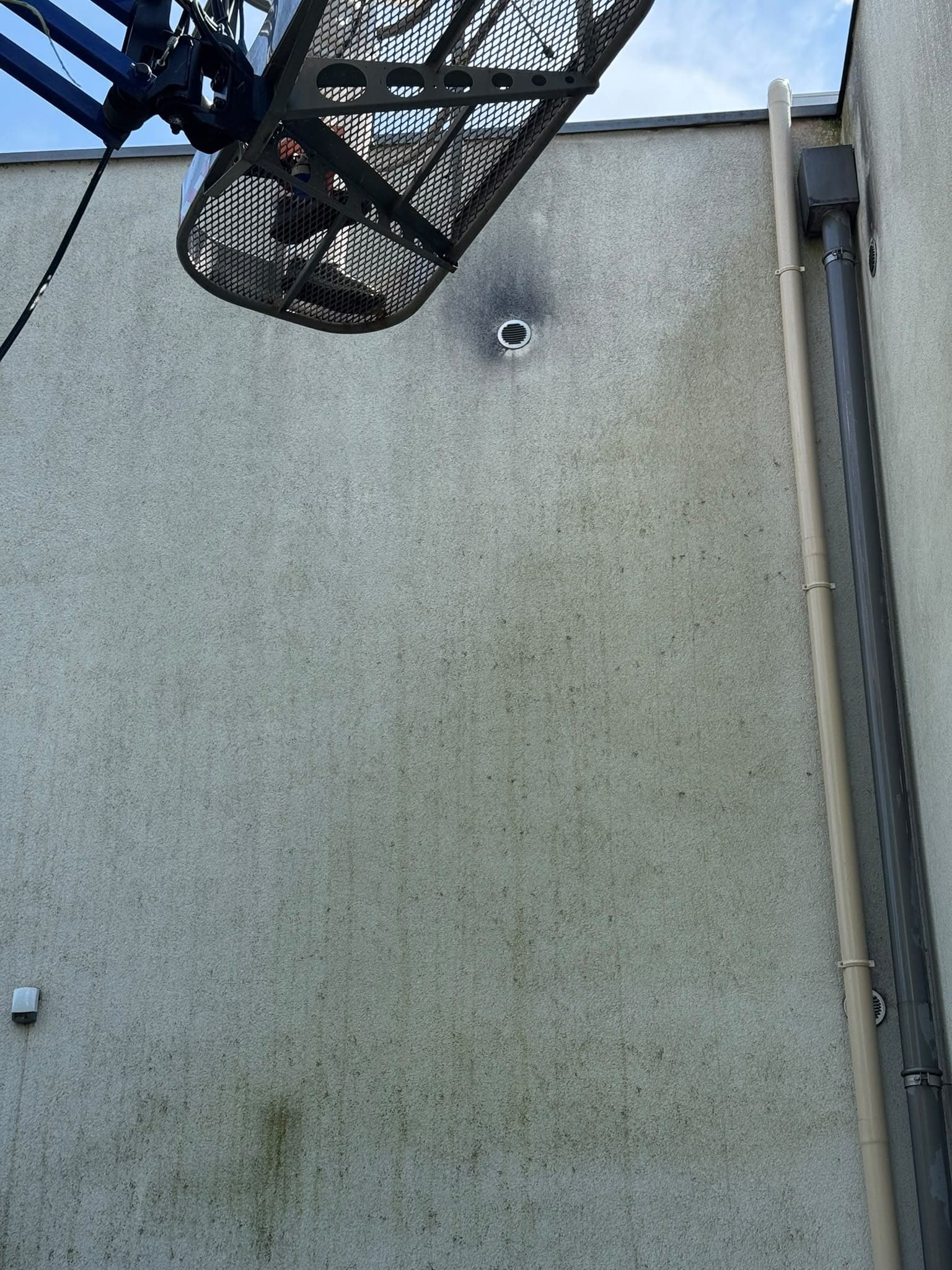 Détail d'un crépi envahi de mousses, nacelle en approche au-dessus du mur