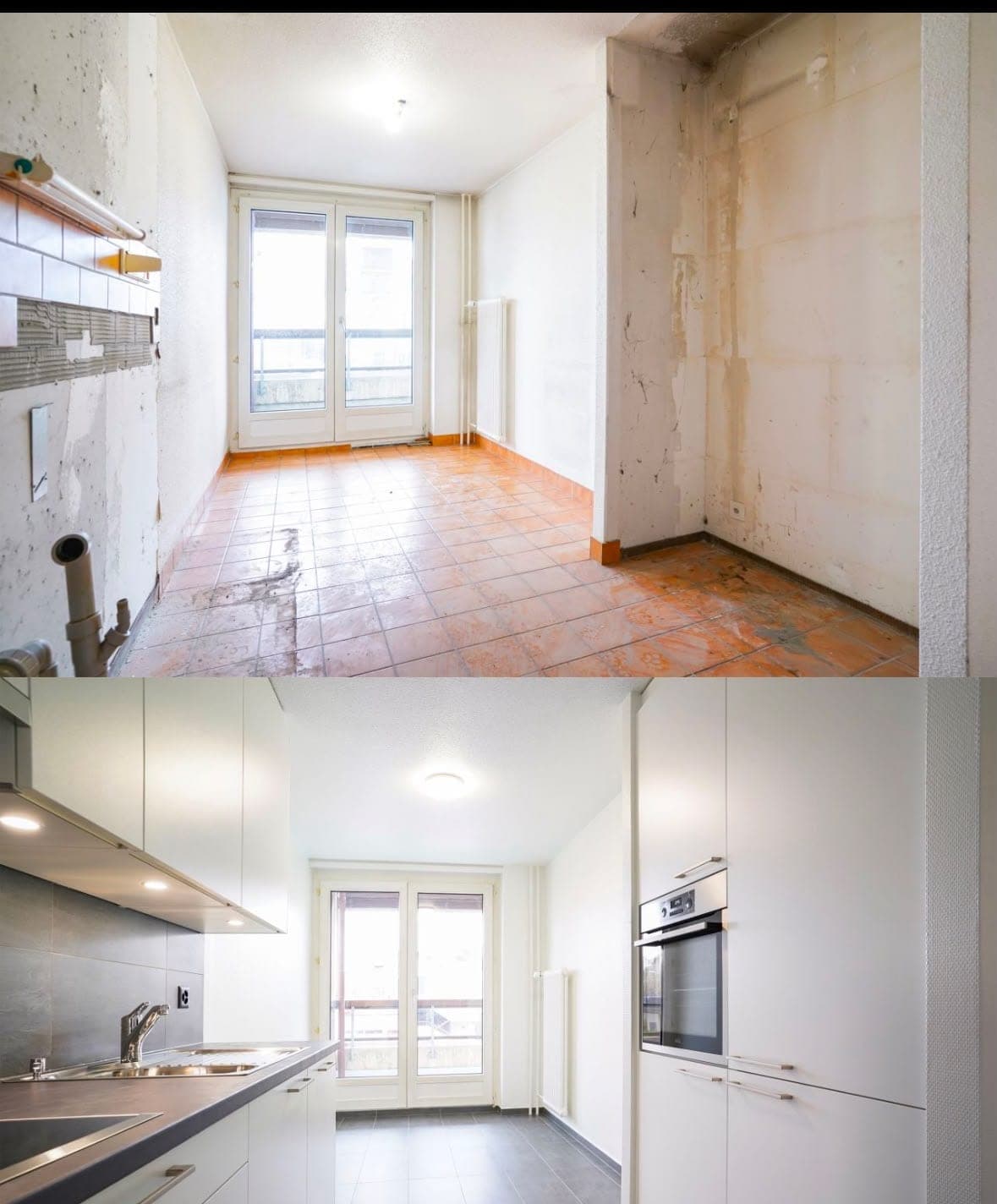 Cuisine avant et après rénovation : murs décrépis et sol abîmé remplacés par une cuisine blanche complète