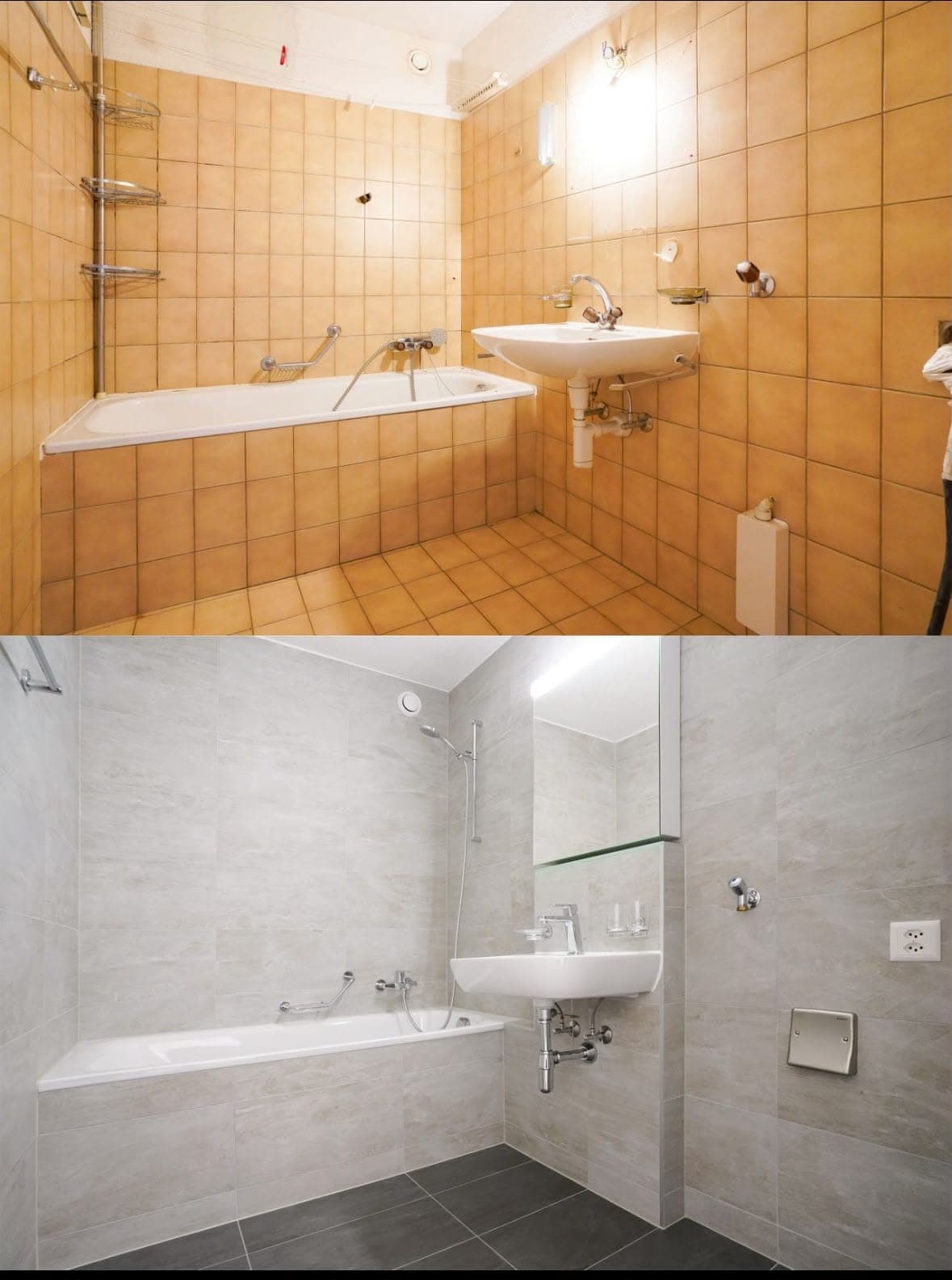 Salle de bain avant et après rénovation : carrelage orange remplacé par un carrelage gris clair